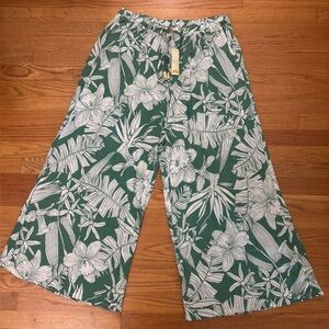 C&C California Pants Women’s XL Floral Green/White Wide Pants Tropical New